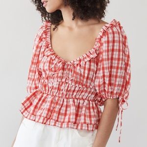 En Saison plaid square neck blouse with exaggerated sleeves.